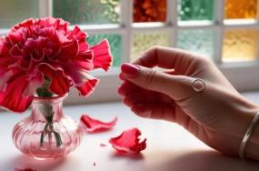 Carnation-flower-care-in-flower-vase-with-human-hand-which-is-place-at-beautiful-colored-window-_in-house-1