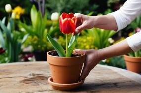 Tulip-watering-hand-with-background-table-and-garden-plants