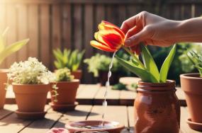 Tulip-watering-jar-hand-with-background-table-and-other-garden-plants